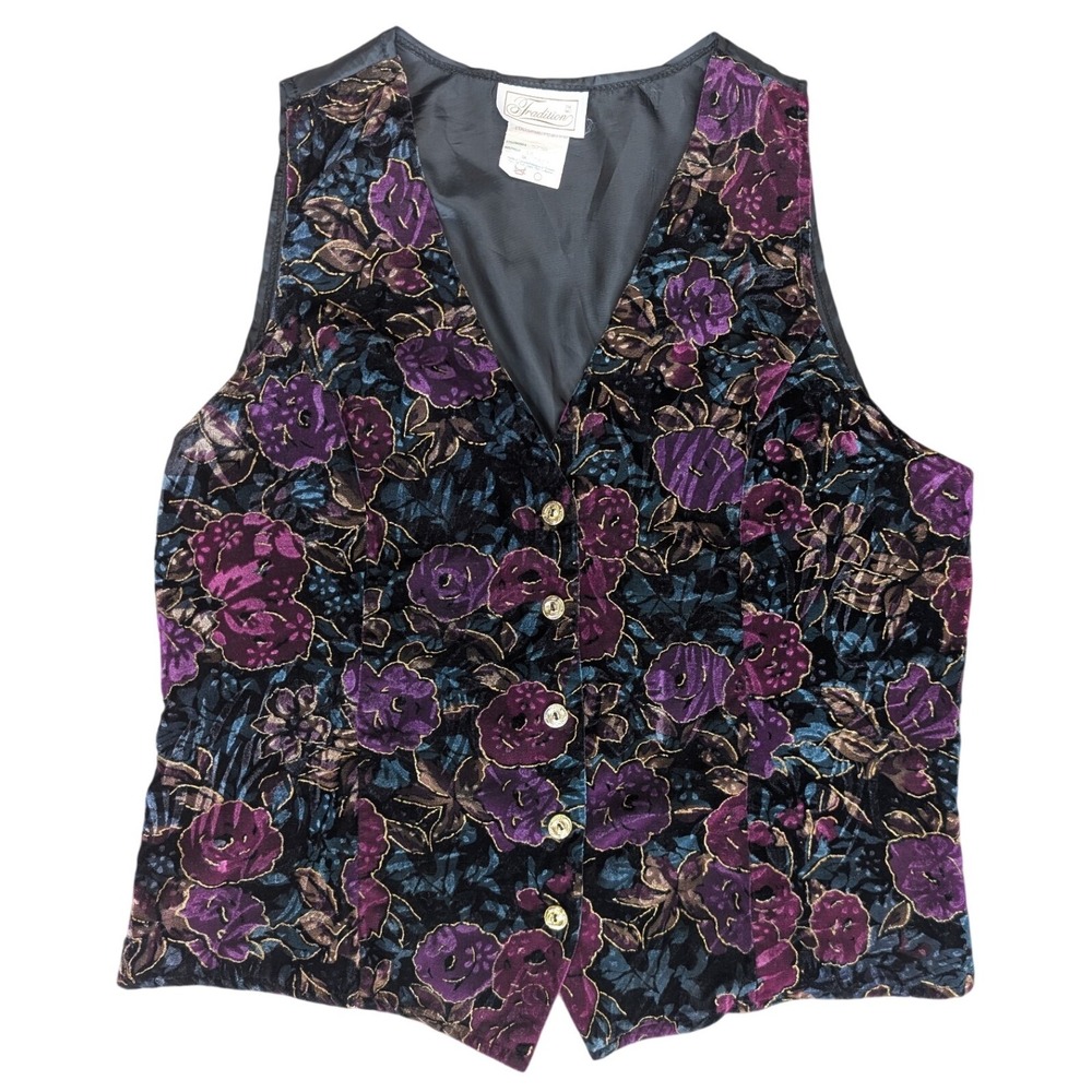 90's Vintage Tradition Size 16 Purple Black Velvet Floral Button Up Vest Boho